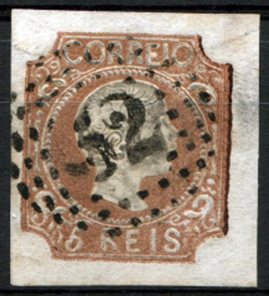 23Lis_1250.jpg -     Lote:    1250            Portugal       Descrição:         1856//58 &mdash; D. Pedro V, cabelos anelados. CE10, 5 reis castanho vermelho. Margens muito largas. Valor de catálogo &euro; 159,00.        O       Valor Base:     &euro; 30,00     Valor Venda:     Retirado     