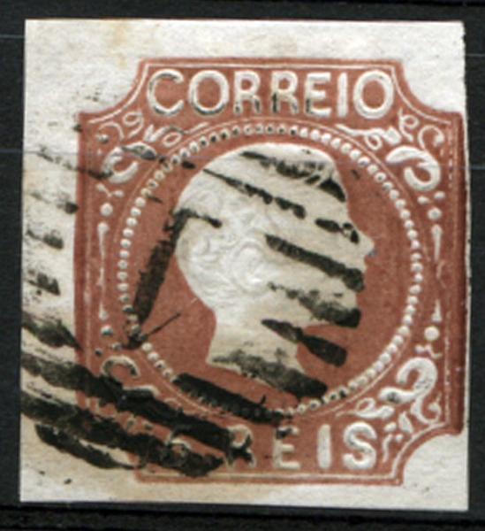 23Lis_1251.jpg -     Lote:    1251            Portugal       Descrição:         1856//58 &mdash; D. Pedro V, cabelos anelados. CE10, 5 reis castanho vermelho. Uma margem curta e as outras três largas. Valor de catálogo &euro; 159,00.        O       Valor Base:     &euro; 30,00     Valor Venda:     Retirado     