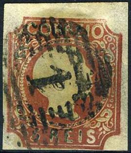 23Lis_1252.jpg -     Lote:    1252            Portugal       Descrição:         1855/56 &mdash; D. Pedro V. Cabelos lisos. CE5, 5 reis castanho, com duas margens curtas e duas largas. Valor de catálogo &euro; 1.540,00.        O       Valor Base:     &euro; 200,00     Valor Venda:     Retirado     