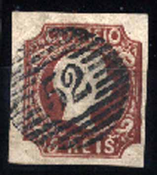 23Lis_1253.jpg -     Lote:    1253            Portugal       Descrição:         1856/58 &mdash; D. Pedro V, cabelos anelados. CE10, 5 reis castanho vermelho, com margens normais. Valor de catálogo &euro; 159,00.        O       Valor Base:     &euro; 20,00     Valor Venda:     Retirado     