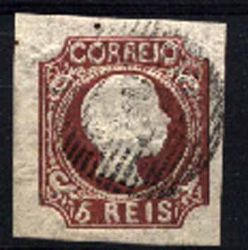 23Lis_1254.jpg -     Lote:    1254            Portugal       Descrição:         1856/58 &mdash; D. Pedro V, cabelos anelados. CE10, 5 reis castanho vermelho, com boas margens. Valor de catálogo &euro; 159,00.        O       Valor Base:     &euro; 25,00     Valor Venda:     Retirado     