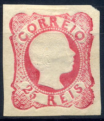 23Lis_1260.jpg -     Lote:    1260            Portugal       Descrição:         1856/58 &mdash; D. Pedro V. Cabelos anelados. CE13, 25 reis carmim. Margens normais. Valor de catálogo &euro; 507,00.        *       Valor Base:     &euro; 40,00     Valor Venda:     Retirado     
