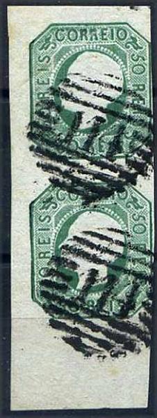 23Lis_1266.jpg -     Lote:    1266            Portugal       Descrição:         1862/64 &mdash; D. Luís I. CE17, 50 reis verde azul. Par vertical fundo de folha, com duas margens muito largas e outra muito curta, obliterados com carimbo numérico da 1.ª reforma "114 &mdash; Almeida". Valor de catálogo &euro; 519,00.        O       Valor Base:     &euro; 100,00     Valor Venda:     Retirado     