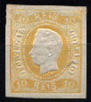 23Lis_1269.jpg -     Lote:    1269            Portugal       Descrição:         1867/70 &mdash; D. Luís I. Fita curva, não denteados. CE20, 10 reis amarelo, margens normais. Valor de catálogo &euro; 393,00.        **       Valor Base:     &euro; 80,00     Valor Venda:     Retirado     