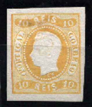 23Lis_1270.jpg -     Lote:    1270            Portugal       Descrição:         1866/67 &mdash; D. Luís I, fita curva não denteados. CE20, 10 reis amarelo, papel espesso. Margens normais. Valor de catálogo &euro; 393,00.        **       Valor Base:     &euro; 50,00     Valor Venda:     Retirado     