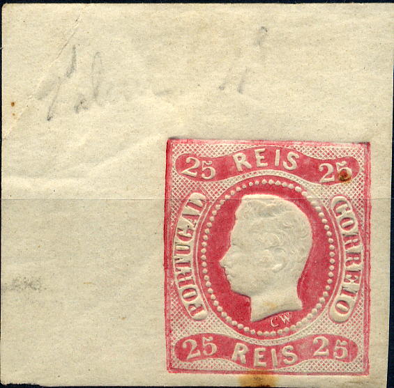 23Lis_1273.jpg -     Lote:    1273            Portugal       Descrição:         1866/67 &mdash; D. Luís I. Fita curva não denteado. CE22, 25 reis carmim rosa. Canto superior esquerdo de folha. Sinal de charneira no bordo superior. Dois pontos de óxido no verso. Um deles repassando para a frente no bordo inferior. Valor de catálogo &euro; 393,00.        **       Valor Base:     &euro; 50,00     Valor Venda:     Retirado     