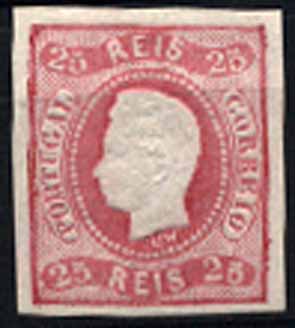 23Lis_1274.jpg -     Lote:    1274            Portugal       Descrição:         1867/70 &mdash; D. Luís I. Fita curva, não denteados. CE22, 25 reis carmim, margens normais. Valor de catálogo &euro; 393,00.        *       Valor Base:     &euro; 40,00     Valor Venda:     &euro; 70,00     