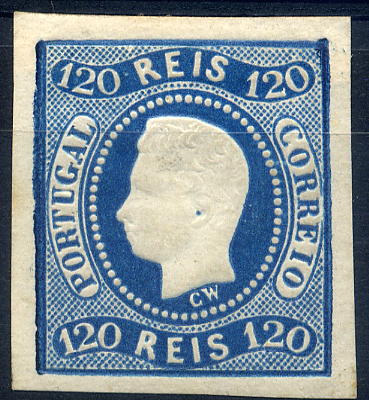 23Lis_1277.jpg -     Lote:    1277            Portugal       Descrição:         1866/1867 &mdash; D. Luís I. Fita curva, não denteados. CE26, 120 reis azul. Boas margens. Valor de catálogo &euro; 540,00.        **       Valor Base:     &euro; 100,00     Valor Venda:     &euro; 100,00     
