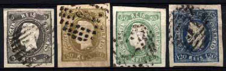 23Lis_1282.jpg -     Lote:    1282            Portugal       Descrição:         1866/67 &mdash; D. Luís I. Fita curva, não denteados. Lote de 4 selos com margens largas, de 5, 20, 50 e 120 reis, CE19, 21, 23 e 26. Valor de catálogo &euro; 361,90.        O       Valor Base:     &euro; 36,00     Valor Venda:     &euro; 42,00     