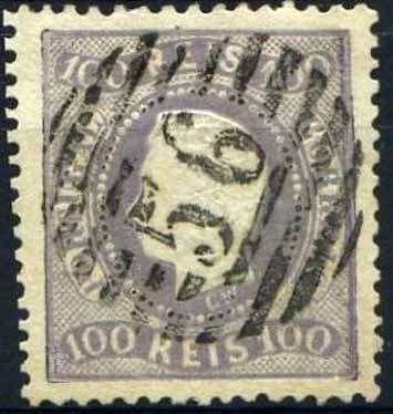 23Lis_1285.jpg -     Lote:    1285            Portugal       Descrição:         1867/1870 &mdash; D. Luís I. Fita curva, denteados. CE33, 100 reis lilás malva, obliterado com carimbo da 1.ª reforma 56 &mdash; FAFE. Valor de catálogo &euro; 182,00.        O       Valor Base:     &euro; 10,00     Valor Venda:     &euro; 42,00     