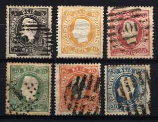 23Lis_1290.jpg -     Lote:    1290            Portugal       Descrição:         1867/70 &mdash; D. Luís I. Fita curva, denteados. CE27/28, 30/32 e 34. Lote de seis selos de 5, 10, 25, 50, 80 e 120 reis. Selo de 10 reis novo, restantes usados. Valor de catálogo &euro; 748,00.        */O       Valor Base:     &euro; 25,00     Valor Venda:     &euro; 120,00     