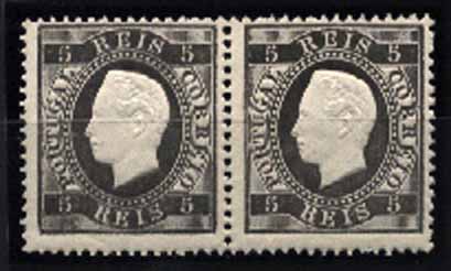 23Lis_1292.jpg -     Lote:    1292            Portugal       Descrição:         1870/76 &mdash; D. Luís I, fita direita. CE36, 5 reis preto, denteado 13 &frac12;. Par horizontal. Valor de catálogo &euro; 454,00.        ***       Valor Base:     &euro; 90,00     Valor Venda:     &euro; 90,00     