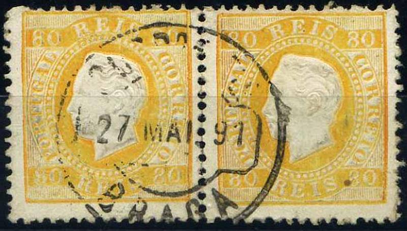 23Lis_1294.jpg -     Lote:    1294            Portugal       Descrição:         1870/1876 &mdash; D. Luís I, fita direita. CE42, 80 reis amarelo, denteado 12 &frac12;, papel porcelana. Par horizontal. Valor de catálogo &euro; 63,60.        O       Valor Base:     &euro; 10,00     Valor Venda:     &euro; 10,00     