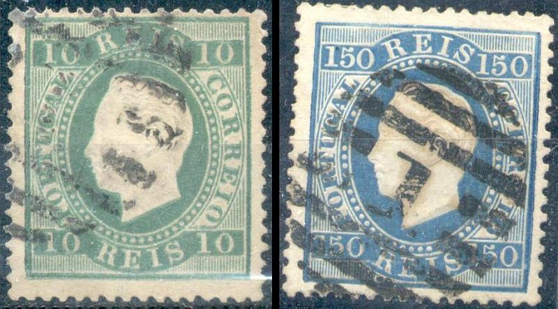 23Lis_1296.jpg -     Lote:    1296            Portugal       Descrição:         1870/80 &mdash; D. Luís I. Fita direita. Novas cores. CE45 e 49. Lote de dois selos: um de 10 reis verde azul, denteado 13 &frac12;, papel liso + selo de 150 reis azul, denteado 13 &frac12;, papel liso. Valor de catálogo 1.048,00.        O       Valor Base:     &euro; 150,00     Valor Venda:     Retirado     