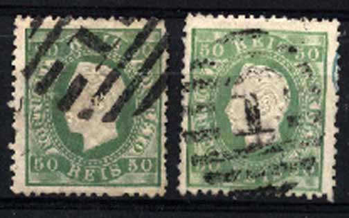 23Lis_1297.jpg -     Lote:    1297            Portugal       Descrição:         1870/76 &mdash; D. Luís I, fita direita. CE41, 50 reis verde, denteado 12 &frac12;, papel liso. Lote de dois selos em verde e verde claro. Alguns defeitos no denteado. Valor de catálogo &euro; 141,20.        O       Valor Base:     &euro; 14,00     Valor Venda:     Retirado     