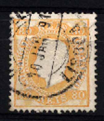 23Lis_1298.jpg -     Lote:    1298            Portugal       Descrição:         1870/76 &mdash; D. Luís. Fita direita. CE42, 80 reis laranja, denteado 12 &frac12;, papel porcelana. Valor de catálogo &euro; 31,80.        O       Valor Base:     &euro; 6,00     Valor Venda:     Retirado     