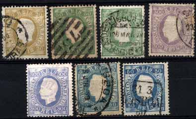 23Lis_1302.jpg -     Lote:    1302            Portugal       Descrição:         1870/1880 &mdash; D. Luís I, fira direita. Lote de 7 selos usados: 20 reis bistre CE39, 2 x 50 reis verde e verde claro, CE41, 2 x 300 reis violeta CE47 e 2 x 50 reis azul CE50. Alguma marcofilia, principalmente de Lisboa. Valor de catálogo &euro; 568,00.        O       Valor Base:     &euro; 40,00     Valor Venda:     &euro; 40,00     