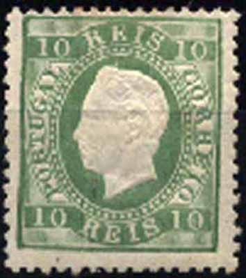 23Lis_1303.jpg -     Lote:    1303            Portugal       Descrição:         1879/80 &mdash; D. Luís, fita direita. Novas cores. CE49, 10 reis verde amarelo, denteado 12 &frac12;, papel liso. Valor de catálogo &euro; 215,00.        **       Valor Base:     &euro; 30,00     Valor Venda:     &euro; 30,00     