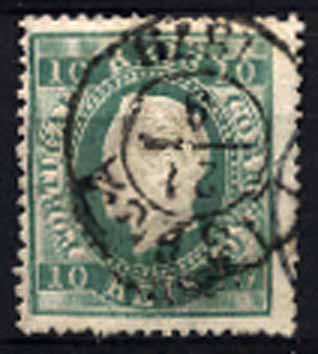 23Lis_1304.jpg -     Lote:    1304            Portugal       Descrição:         1879/80 &mdash; D. Luís I. Fita direita. Novas cores. CE49, 10 reis verde azul, papel liso, denteado 13 &frac12;. Valor de catálogo &euro; 535,00.        O       Valor Base:     &euro; 80,00     Valor Venda:     Retirado     