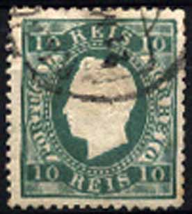 23Lis_1305.jpg -     Lote:    1305            Portugal       Descrição:         1879/1880 &mdash; D. Luís I, fita direita. Novas cores. CE49, 10 reis verde azul, denteado 12 &frac12;, papel liso. Valor de catálogo &euro; 392,00.        O       Valor Base:     &euro; 40,00     Valor Venda:     Retirado     
