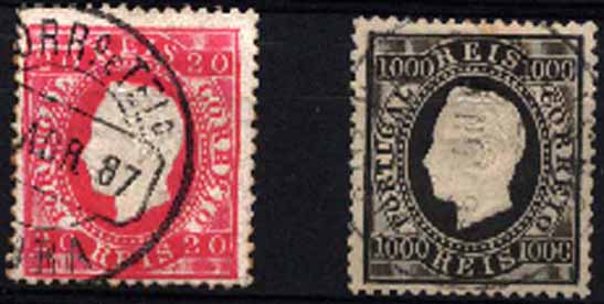 23Lis_1319.jpg -     Lote:    1319            Portugal       Descrição:         1884 &mdash; D. Luís I. Fita direita. Novos valores. CE66/67. Série completa. Selo de 20 reis em denteado 12 &frac12;, e selo de 1000 reis em denteado 13 &frac12;. Valor de catálogo &euro; 230,90.        O       Valor Base:     &euro; 40,00     Valor Venda:     &euro; 44,00     
