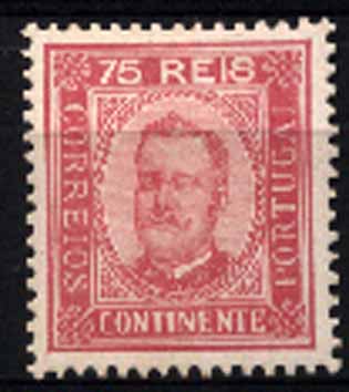 23Lis_1321.jpg -     Lote:    1321            Portugal       Descrição:         1892/93 &mdash; D. Carlos I tipo Diogo Neto. CE72, 75 reis carmim, papel porcelana, denteado 12 &frac12;. Regomado.        RG ***       Valor Base:     &euro; 15,00     Valor Venda:     &euro; 15,00     
