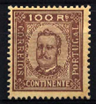23Lis_1323.jpg -     Lote:    1323            Portugal       Descrição:         1892/93 &mdash; D. Carlos I tipo Diogo Neto. CE73, 100 reis castanho s/ amarelo, papel porcelana, denteado 12 &frac12;. Regomado.        RG ***       Valor Base:     &euro; 12,00     Valor Venda:     &euro; 12,00     