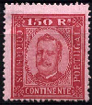 23Lis_1324.jpg -     Lote:    1324            Portugal       Descrição:         1892/93 &mdash; D. Carlos I tipo Diogo Neto. CE77, 150 reis carmim s/ rosa, papel porcelana, denteado 13 &frac12;. Valor de catálogo &euro; 269,00. Descentrado.        **       Valor Base:     &euro; 45,00     Valor Venda:     &euro; 45,00     