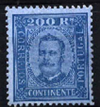 23Lis_1325.jpg -     Lote:    1325            Portugal       Descrição:         1892/93 &mdash; D. Carlos I tipo Diogo Neto. CE78, 200 reis azul s/ azul, papel porcelana, denteado 12 &frac12;. Regomado.        RG ***       Valor Base:     &euro; 25,00     Valor Venda:     &euro; 25,00     