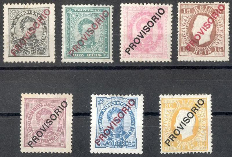 23Lis_1337.jpg -     Lote:    1337            Portugal       Descrição:         1892/93 &mdash; D. Luís I. Sobrecargas PROVISÓRIO. Sobrecarga tipo C. Lote composto por 7 selos: CE82, 5 reis, denteado 11 &frac12;, CE83, 10 reis denteado 11 &frac12;, CE85, 20 reis denteado 11 &frac12;, CE84, 15 reis denteado 12 &frac12;, CE86, 25 reis, denteado 11 &frac12;, CE87, 50 reis denteado 11 &frac12; e CE88, 80 reis denteado 12 &frac12;. Todos em papel porcelana. Valor de catálogo &euro; 576,10.        **       Valor Base:     &euro; 110,00     Valor Venda:     &euro; 140,00     
