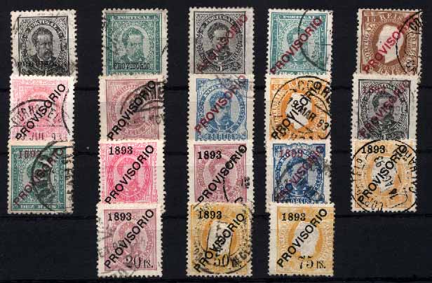 23Lis_1338.jpg -     Lote:    1338            Portugal       Descrição:         1892/93 &mdash; D. Luís I, com sobrecarga "PROVISÓRIO". CE80/97. Série completa com diversos denteados. Valor aproximado de catálogo &euro; 1.282.45.        O       Valor Base:     &euro; 180,00     Valor Venda:     &euro; 180,00     