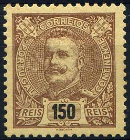 23Lis_1344.jpg -     Lote:    1344            Portugal       Descrição:         1895/96 &mdash; D. Carlos I tipo Mouchon. CE126, 150 reis castanho s/ amarelo. Valor de catálogo &euro; 247,00.        **       Valor Base:     &euro; 35,00     Valor Venda:     &euro; 35,00     