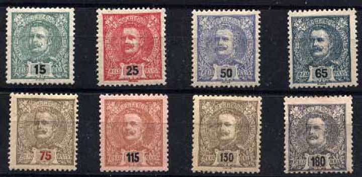 23Lis_1346.jpg -     Lote:    1346            Portugal       Descrição:         1898/1905 &mdash; D. Carlos I. Novas cores. CE140/47. Série completa. Valor de catálogo &euro; 127,00.        **       Valor Base:     &euro; 24,00     Valor Venda:     &euro; 24,00     