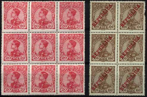 23Lis_1349.jpg -     Lote:    1349            Portugal       Descrição:         1910 &mdash; D. Manuel II + D. Manuel II com sobrecarga REPUBLICA. Lote composto por dois blocos de selos: um de 9 selos (3x3) de 20 reis carmim, com ligeiros distúrbios na goma, CE160 + bloco de 6 selos (2x3) de 100 reis bistre s/ verde (um dos selos com pequeno defeito), CE179. valor de catálogo &euro; 57,00.        ***       Valor Base:     &euro; 6,00     Valor Venda:     &euro; 16,00     