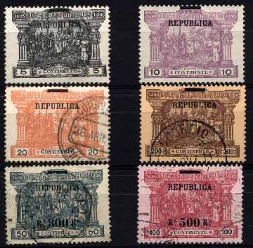 23Lis_1352.jpg -     Lote:    1352            Portugal       Descrição:         1911 &mdash; 4.º Centenário do Descobrimento do Caminho Marítimo para a Índia, com sobrecarga República, sobre selos de Porteado do Continente. CE192/197. Valor de catálogo &euro; 237,00.        O       Valor Base:     &euro; 22,00     Valor Venda:     &euro; 22,00     