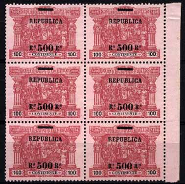 23Lis_1353.jpg -     Lote:    1353            Portugal       Descrição:         1911 &mdash; 4.º Centenário da Índia com sobrecarga REPUBLICA e sobretaxa, sobre selos de Porteado do Continente. CE197, 500 s/ 100 reis. Bloco vertical de 6 selos (2x3), bordo de folha. Valor de catálogo &euro; 483,00.        *       Valor Base:     &euro; 30,00     Valor Venda:     Retirado     