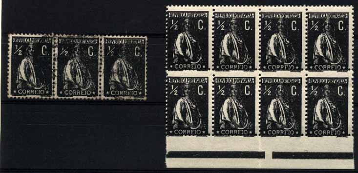 23Lis_1355.jpg -     Lote:    1355            Portugal       Descrição:         1912 &mdash; Ceres. CE207, 2 &frac12; c preto. Lote composto por bloco de 8 selos fundo de folha, novos sem charneira e tira de 3 selos usados, todos em papel cartolina e denteado 12x11 &frac12;. Valor de catálogo &euro; 230,50.        ***/O       Valor Base:     &euro; 20,00     Valor Venda:     Retirado     