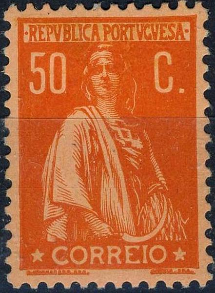 23Lis_1356.jpg -     Lote:    1356            Portugal       Descrição:         1912 &mdash; Ceres. CE219, 50 c. laranja s/ salmão, denteado 12x11 &frac12;, papel porcelana colorido. Valor de catálogo &euro; 256,00. MB.        **       Valor Base:     &euro; 50,00     Valor Venda:     &euro; 55,00     