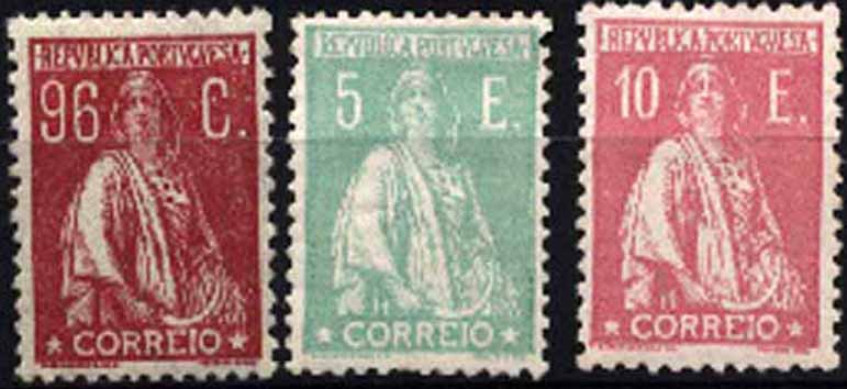 23Lis_1367.jpg -     Lote:    1367            Portugal       Descrição:         1924/26 &mdash; Ceres. Novas taxas e cores. CE287, 296 e 297 (96C, 5E e 10E). Valor de catálogo &euro; 434,00.        **       Valor Base:     &euro; 90,00     Valor Venda:     &euro; 100,00     