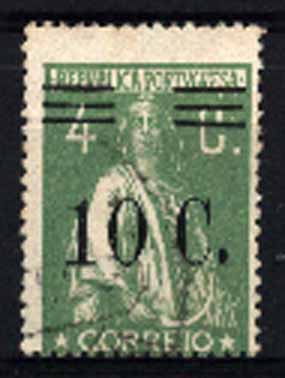 23Lis_1386.jpg -     Lote:    1386            Portugal       Descrição:         1928 &mdash; Ceres, com sobretaxa. CE456, 10C s/ 4C verde, denteado 15x14, descentrado. Usado. Valor de catálogo &euro; 115,00.        O       Valor Base:     &euro; 25,00     Valor Venda:     &euro; 34,00     