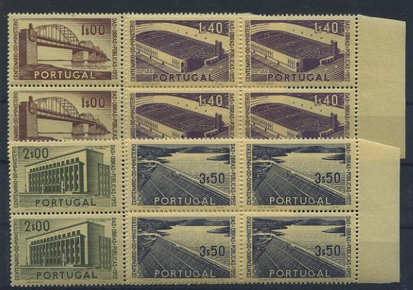 23Lis_1417.jpg -     Lote:    1417            Portugal       Descrição:         1952 &mdash; 1.º Centenário do Ministério das Obras Públicas. CE755/758. Série completa em quadras, bordo de folha. Valor de catálogo &euro; 254,20.        ***       Valor Base:     &euro; 50,00     Valor Venda:     Retirado     