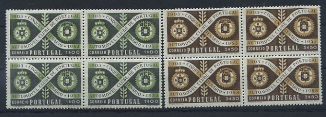 23Lis_1420.jpg -     Lote:    1420            Portugal       Descrição:         1953 &mdash; Cinquentenário do Automóvel Clube de Portugal. CE782/783. Série completa em quadras. Valor de catálogo &euro; 104,60.        ***       Valor Base:     &euro; 20,00     Valor Venda:     &euro; 26,00     