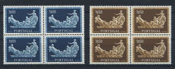 23Lis_1422.jpg -     Lote:    1422            Portugal       Descrição:         1954 &mdash; 150.º Aniversário da Fundação da Secretaria de Estado dos Negócios da fazenda. CE794/795. Série completa em quadras. Valor de catálogo &euro; 26,80.        ***       Valor Base:     &euro; 5,00     Valor Venda:     &euro; 14,00     