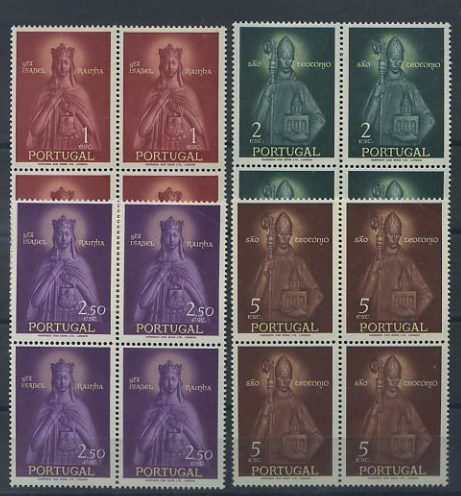 23Lis_1428.jpg -     Lote:    1428            Portugal       Descrição:         1958 &mdash; Rainha Santa Isabel e São Teotónio. CE835/838. Série completa em quadras. Valor de catálogo &euro; 97,60.        ***       Valor Base:     &euro; 20,00     Valor Venda:     Retirado     