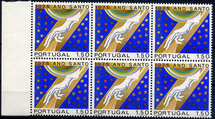 23Lis_1438.jpg -     Lote:    1438            Portugal       Descrição:         1975 &mdash; Ano Santo &mdash; 1975. CE1248, 1$50. Bloco horizontal de seis selos com tarja fosforescente. Valor de catálogo &euro; 236,40.        ***       Valor Base:     &euro; 40,00     Valor Venda:     Retirado     