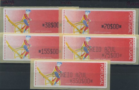 23Lis_1440.jpg -     Lote:    1440            Portugal       Descrição:         1992 &mdash; Ciclista &mdash; Brinquedo Popular. ETQ6. Série completa com os valores do ano de 1992, para o correio ordinário e correio azul. Valor de catálogo &euro; 155,00.        ETQ       Valor Base:     &euro; 50,00     Valor Venda:     Retirado     