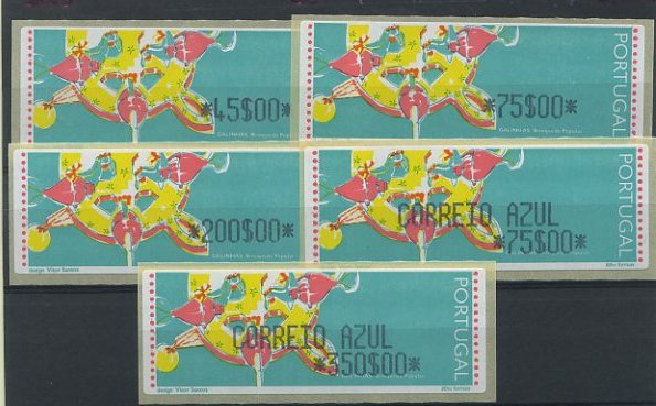 23Lis_1442.jpg -     Lote:    1442            Portugal       Descrição:         1995 &mdash; Galinhas &mdash; Brinquedos Populares. CE ETQ10A. Série completa para o correio ordinário (excepto a taxa de 95$00) e correio azul, com as taxas para o ano de 1995 com impressão Lithoformas. Valor de catálogo &euro; 265,00.        ETQ       Valor Base:     &euro; 75,00     Valor Venda:     Retirado     