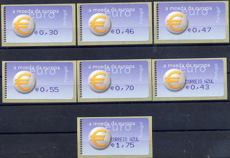 23Lis_1445.jpg -     Lote:    1445            Portugal       Descrição:         2002 &mdash; Símbolo do Euro. Máquina Amiel, com vírgula. ETQ23A. Série completa para o correio ordinário e Correio Azul, com as taxas para o ano de 2002 + recibos da máquina. Valor de catálogo &euro; 200,00.        ETQ       Valor Base:     &euro; 40,00     Valor Venda:     Retirado     