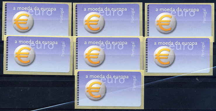 23Lis_1446.jpg -     Lote:    1446            Portugal       Descrição:         2002 &mdash; Símbolo do Euro. Máquina Amiel, com vírgula. ETQ23A. Série completa para o correio ordinário e Correio Azul, com as taxas para o ano de 2002. Impressão albina dos valores.        ETQ       Valor Base:     &euro; 50,00     Valor Venda:     Retirado     