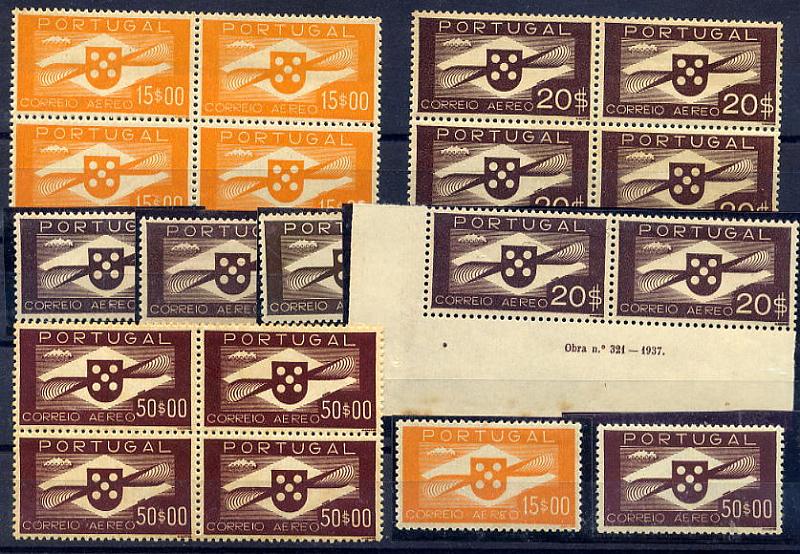 23Lis_1454.jpg -     Lote:    1454            Portugal       Descrição:         1936/41 &mdash; Hélice. Estudo da série com variedades de cores, obras, blocos, composto por: 1$50 &mdash; duas quadras (uma com banda com o número da obra, 7 selos simples + um com banda com o n.º da obra; 1$75 &mdash; 5 selos simples, um par, bloco de 6 selos, duas quadras, uma com o número da obra; 2$50 &mdash; 3 selos simples e duas quadras, uma com o número da obra; 3$00 &mdash; 2 selos simples e uma quadra; 4$00 &mdash; 2 selos simples, par com o número da obra e uma quadra; 5$00 &mdash; 4 selos simples e uma quadra; 10$00 &mdash; 3 selos e uma quadra; 15$00 &mdash; um selo e uma quadra; 20$00 &mdash; 3 selos simples, par com o número da obra e uma quadra; 50$00 &mdash; um selo e uma quadra. Valor de catálogo &euro; +/-3.000,00. Lote muito interessante.        Aéreo       Valor Base:     &euro; 600,00     Valor Venda:     Retirado     